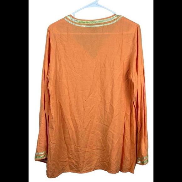 Twiggy London Women's size S Long Sleeve Orange/Peach Tunic Gold Trim Blouse - Picture 2 of 2